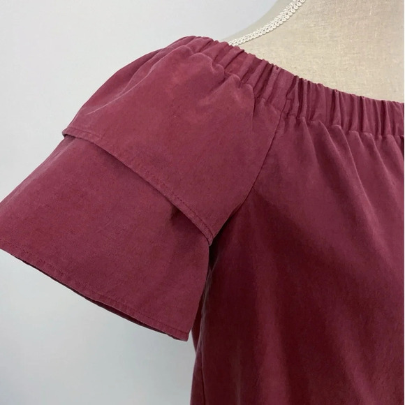 H&M Blouse Top Peasant Off the Shoulder Size 4 Burgundy Short Layered Sleeves - Picture 4 of 8
